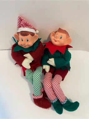 Vintage Christmas Knee Hugger Elf Shelf Sitters 15” Vinyl Face Felt Pixie Lot 2